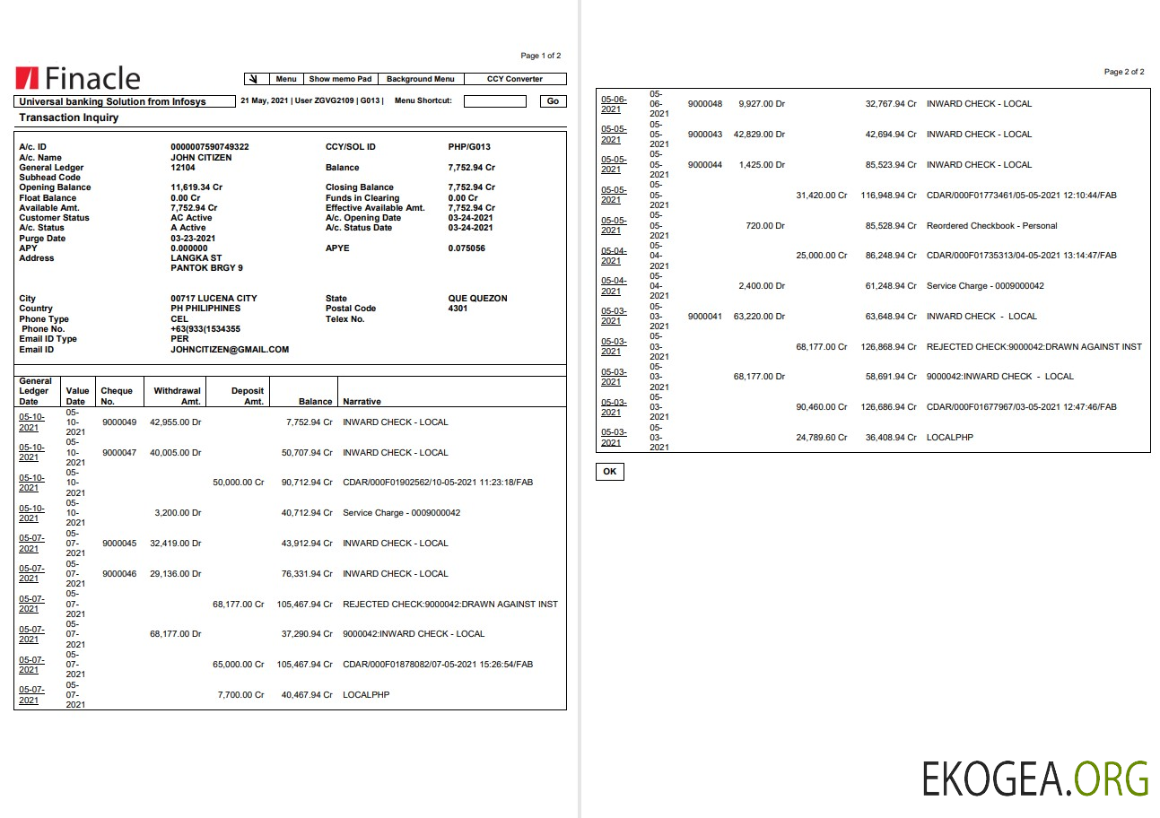 Relevé bancaire India Finacle au format Word et PDF (2 pages)